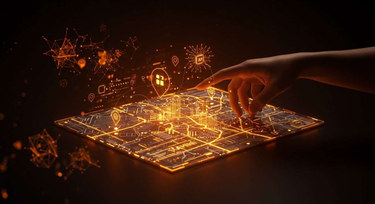 Visualización futurista de IA aplicada en Gemini y Google Maps mejorando la planificación diaria y experiencia de usuario para startups LATAM.