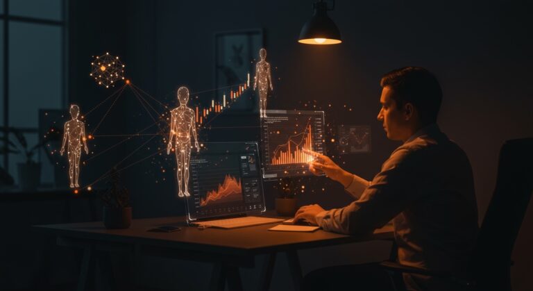 Colaboración entre humano y agentes de IA en SaaS financiero, mostrando retención del 85% y automatización aplicada en Intuit.