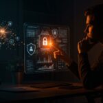 Fundador de startup LATAM interactuando con interfaz holográfica que representa IA aplicada, ética tecnológica y protección de datos.