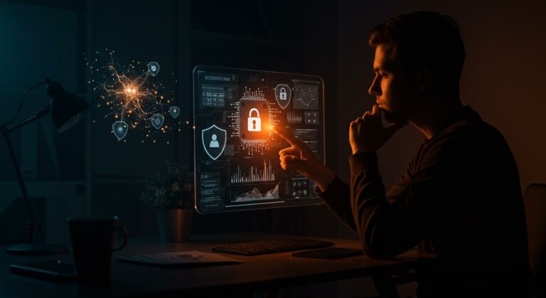 Fundador de startup LATAM interactuando con interfaz holográfica que representa IA aplicada, ética tecnológica y protección de datos.