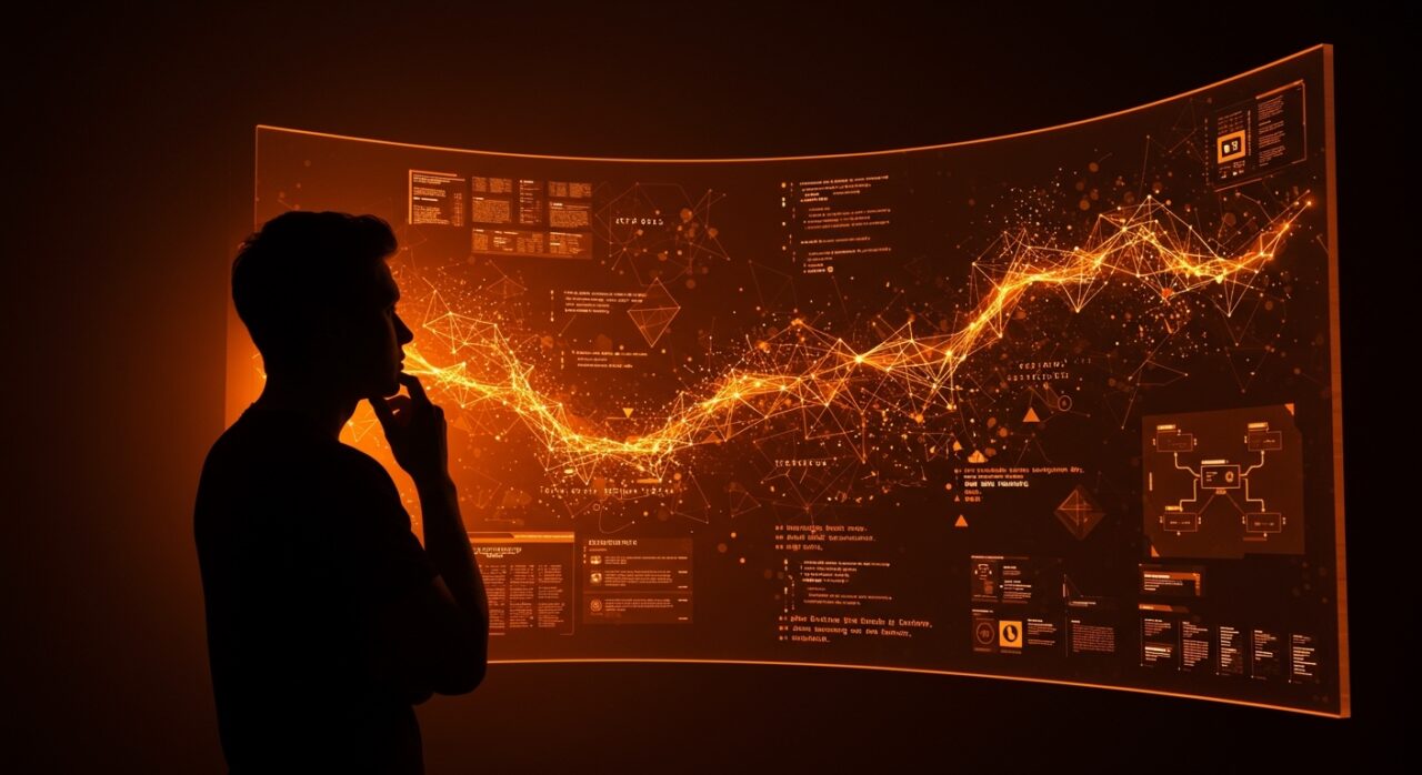 Founder tech analizando código asistido por IA y vibe coding con metáforas visuales sobre calidad y riesgos en desarrollo de software.