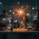 Profesionales argentinos colaborando con interfaces digitales y estructuras de inteligencia artificial que representan la transformación laboral y contratación en empresas para 2026.