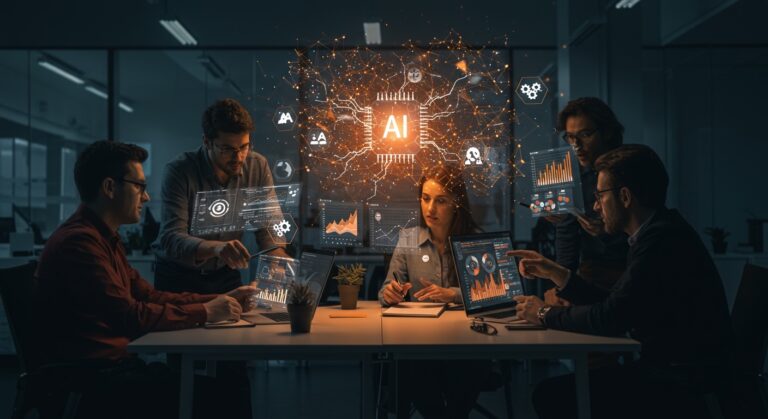Profesionales argentinos colaborando con interfaces digitales y estructuras de inteligencia artificial que representan la transformación laboral y contratación en empresas para 2026.