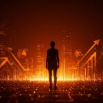 Automatización IA impactando tres veces más empleos femeninos, representada con emprendedora y redes neuronales en tonos naranja y negro.