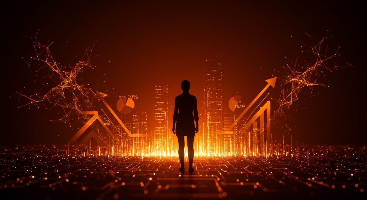 Automatización IA impactando tres veces más empleos femeninos, representada con emprendedora y redes neuronales en tonos naranja y negro.