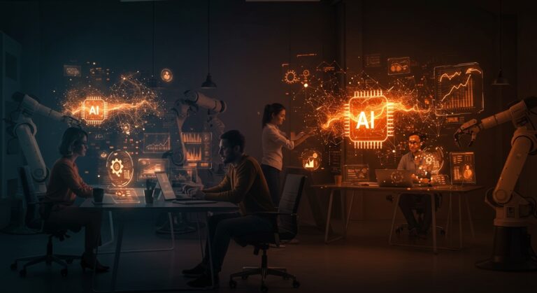 Fundadores de startups tech colaborando con inteligencia artificial y automatización para impulsar el crecimiento empresarial y la eficiencia operativa.