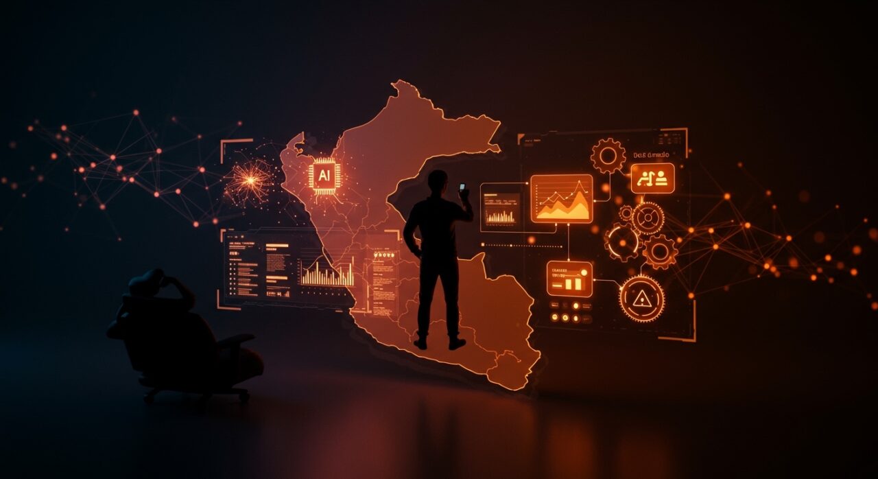 Founder tecnológico analizando interfaces digitales de inteligencia artificial y automatización empresarial en Perú para startups LATAM.