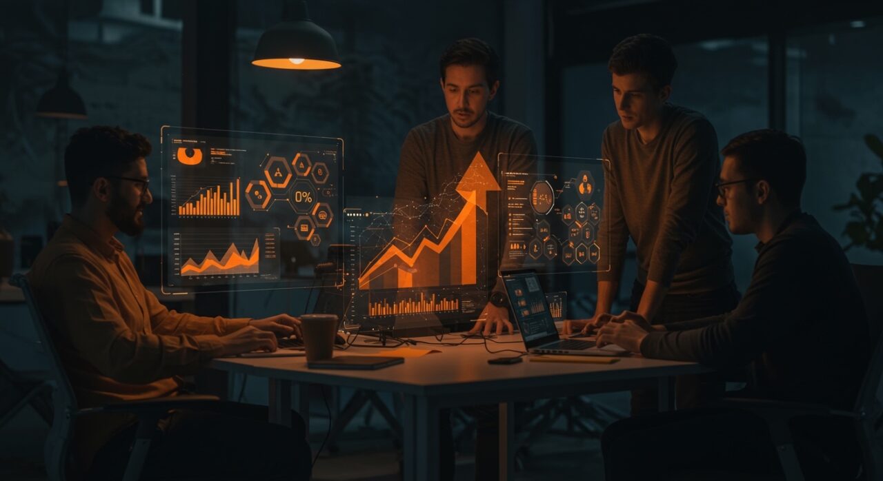 Fundadores de startups en LATAM colaborando con inteligencia artificial y automatización para escalar sus negocios en 2025-2026.