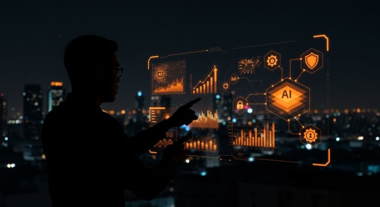 Fundador analizando interfaz digital de inteligencia artificial y automatización empresarial en América Latina con elementos de ciberseguridad y low code.