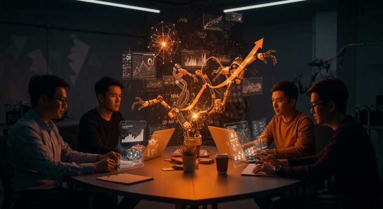 Fundadores de startups colaborando con interfaces holográficas que muestran datos de IA y automatización en LATAM 2026, destacando crecimiento e inversión en la región.