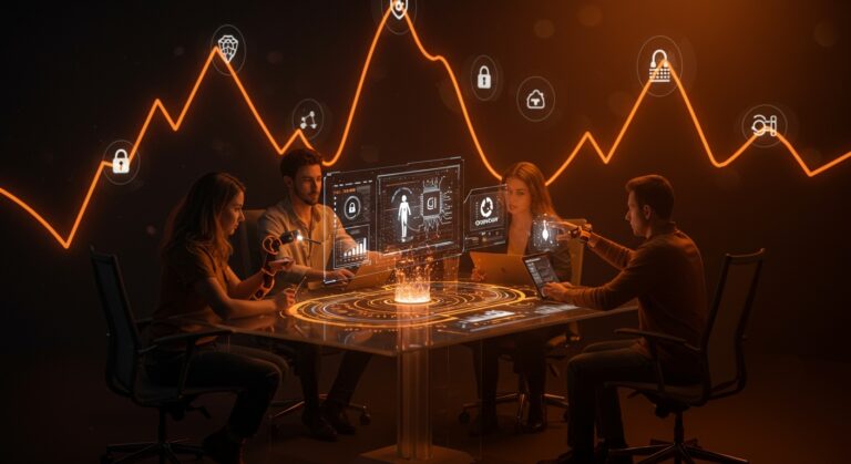 Colaboradores de startup tech usando inteligencia artificial autónoma y Claude Cowork para acelerar automatización y seguridad.