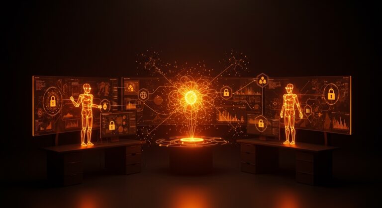 Representación visual de IA autónoma y automatización en startups tech con énfasis en seguridad y gobernanza IA utilizando esquema Ecosistema Startup naranja y negro.