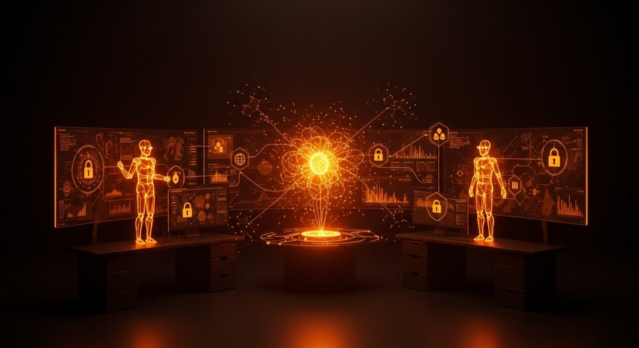 Representación visual de IA autónoma y automatización en startups tech con énfasis en seguridad y gobernanza IA utilizando esquema Ecosistema Startup naranja y negro.