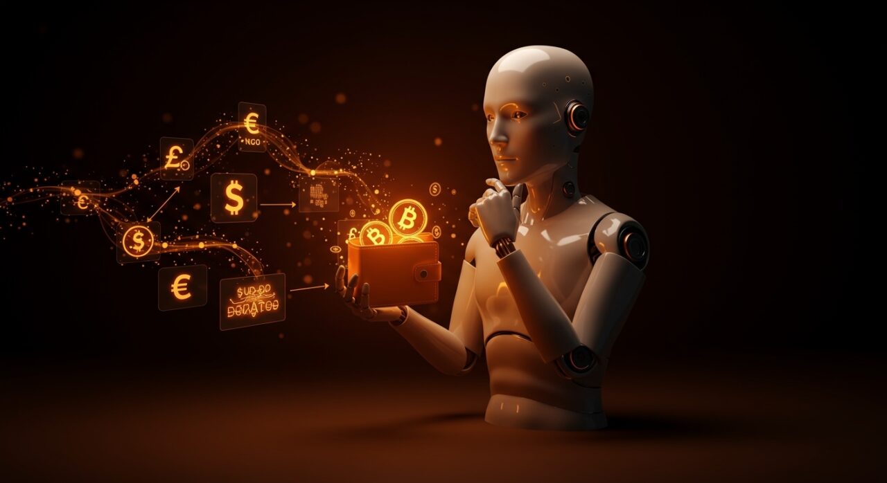 Representación visual de una IA autónoma gestionando criptomonedas y realizando donaciones éticas a ONGs, destacando la inteligencia artificial con presupuesto real.