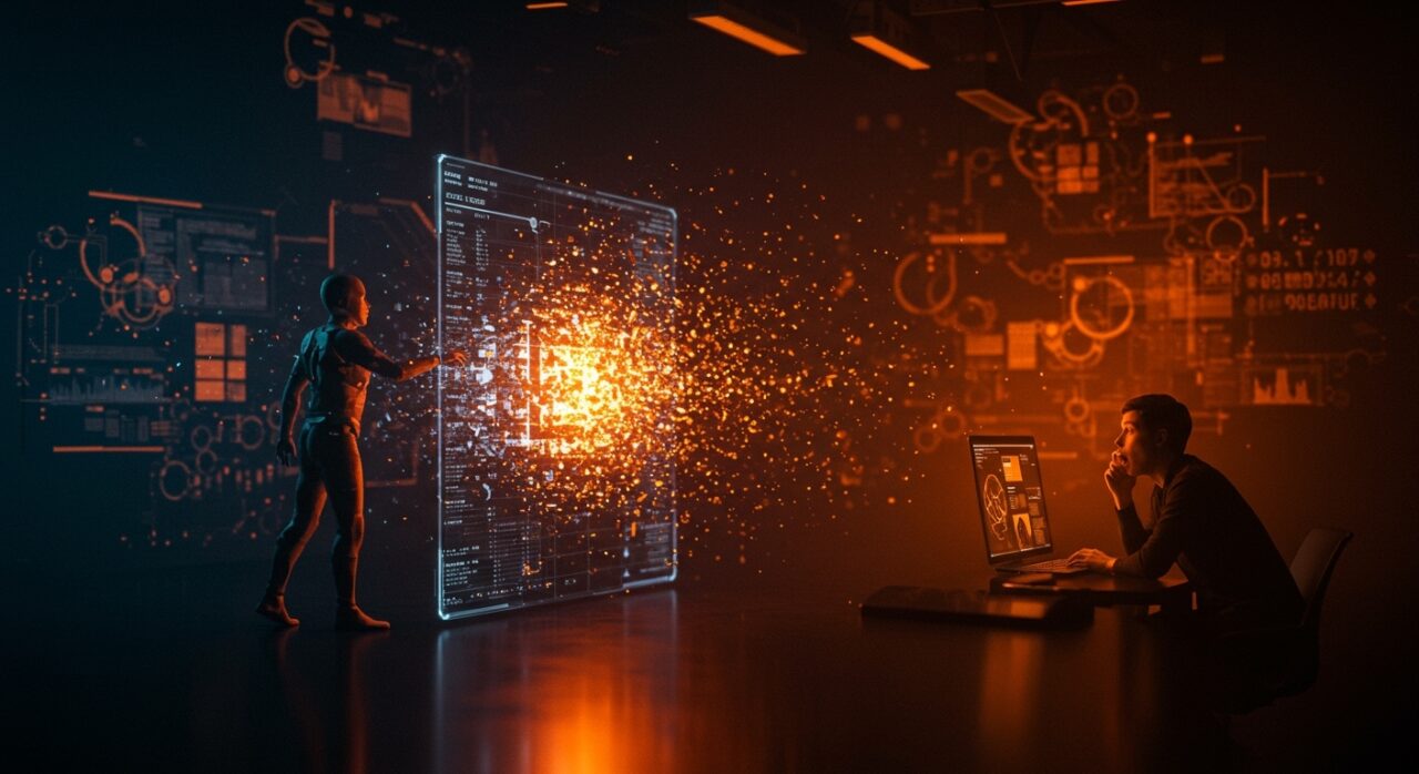 Agente de IA borrando una base de datos crítica en segundos, ilustrando errores de seguridad y automatización en startups tecnológicas.