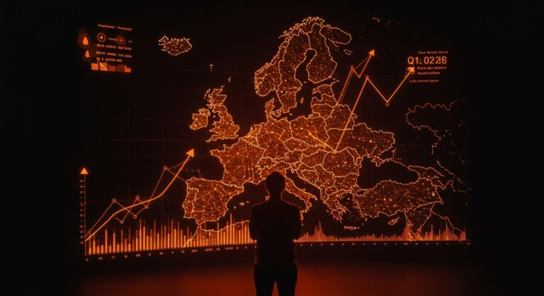 Fundador europeo con mapa digital y gráficos de inversión en IA que representa el 50% del venture capital en startups tecnológicas en Europa Q1 2026.