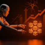 Figura de inteligencia artificial dominando la inversión de venture capital frente a startups cripto en un entorno tecnológico naranja y negro.