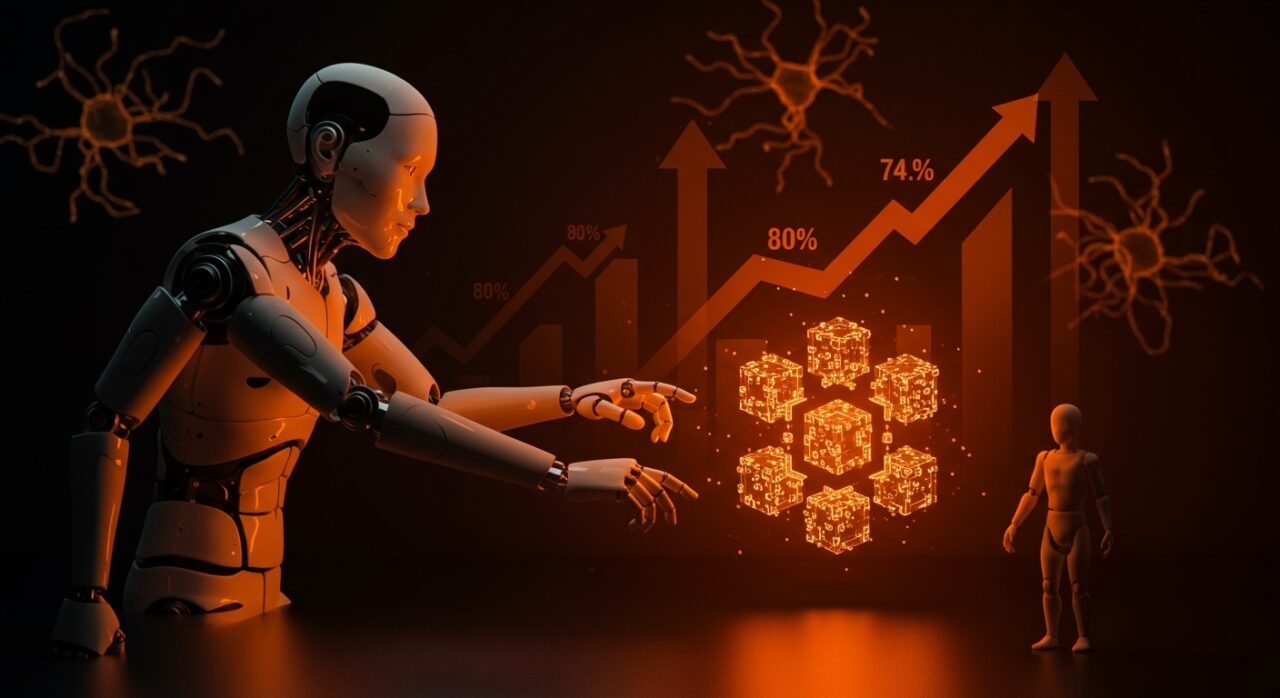 Figura de inteligencia artificial dominando la inversión de venture capital frente a startups cripto en un entorno tecnológico naranja y negro.