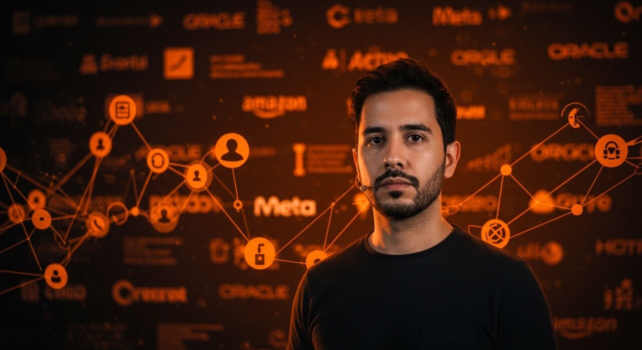 Founder hispanohablante frente a fondo digital que representa 90.000 despidos tech por inteligencia artificial en 2026 y transformación digital en startups.