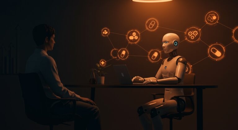 Chatbot de IA automatizando prescripción en salud mental, mostrando innovación y oportunidades en startups tecnológicas.