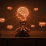 Estudiante universitario dependiente de ChatGPT, simbolizando la influencia de la IA en el pensamiento crítico y tendencias edtech.