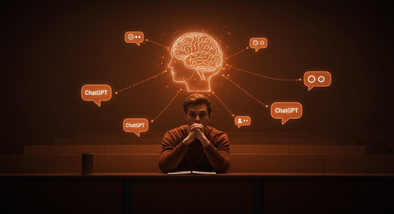 Estudiante universitario dependiente de ChatGPT, simbolizando la influencia de la IA en el pensamiento crítico y tendencias edtech.