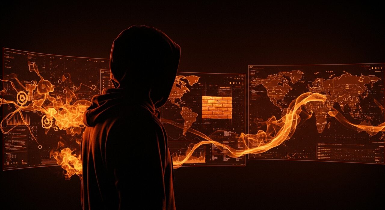 Hacker ruso usando inteligencia artificial Claude de Anthropic para comprometer firewalls globales, ilustrando riesgos en ciberseguridad y ataques con IA.