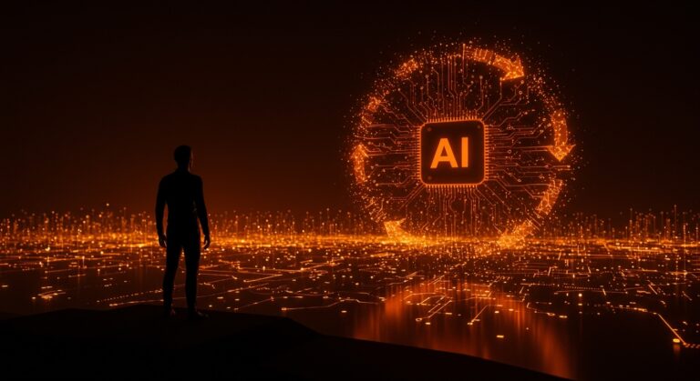 Inversión en IA cerrando la era digital con un emprendedor contemplando un horizonte tecnológico abstracto en tonos naranja y negro.