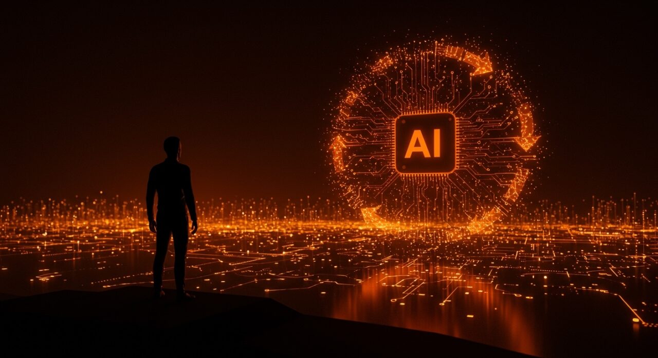 Inversión en IA cerrando la era digital con un emprendedor contemplando un horizonte tecnológico abstracto en tonos naranja y negro.