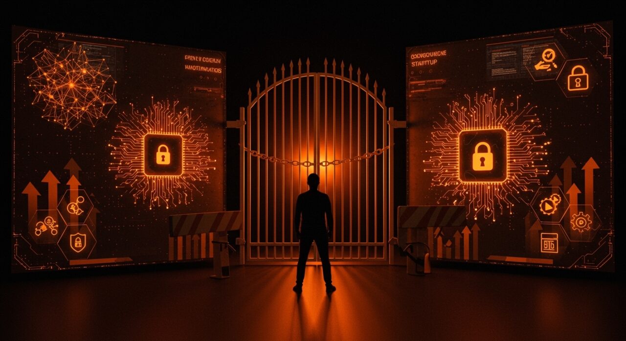 Founder frente a muro digital con modelos de IA bloqueados simbolizando el cierre de frontera y su impacto en startups de LATAM.