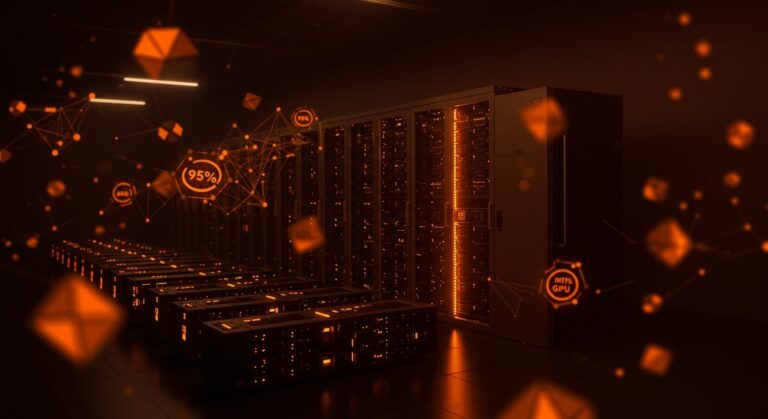 Data center con 95% de GPUs inactivas y un servidor Intel activo destacando en hardware para inteligencia artificial en 2026.