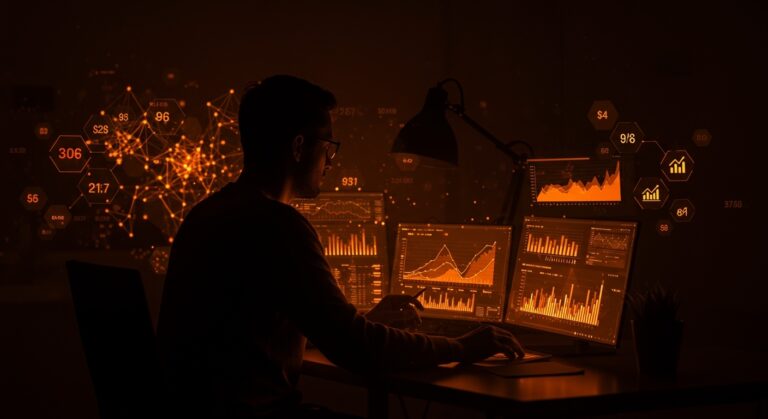 Startup founder analizando costos e inversión en inteligencia artificial versus nómina 2026, mostrando ROI y automatización en entorno tecnológico.