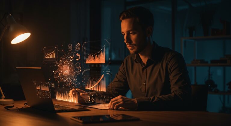 Fundador de startup analizando datos financieros y de inteligencia artificial para optimizar costos y ROI en 2026.