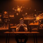 Fundador analizando gráficos de costos y ROI de inteligencia artificial en startups tecnológicas con paleta naranja y negra.