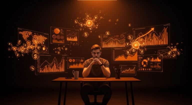 Fundador analizando gráficos de costos y ROI de inteligencia artificial en startups tecnológicas con paleta naranja y negra.