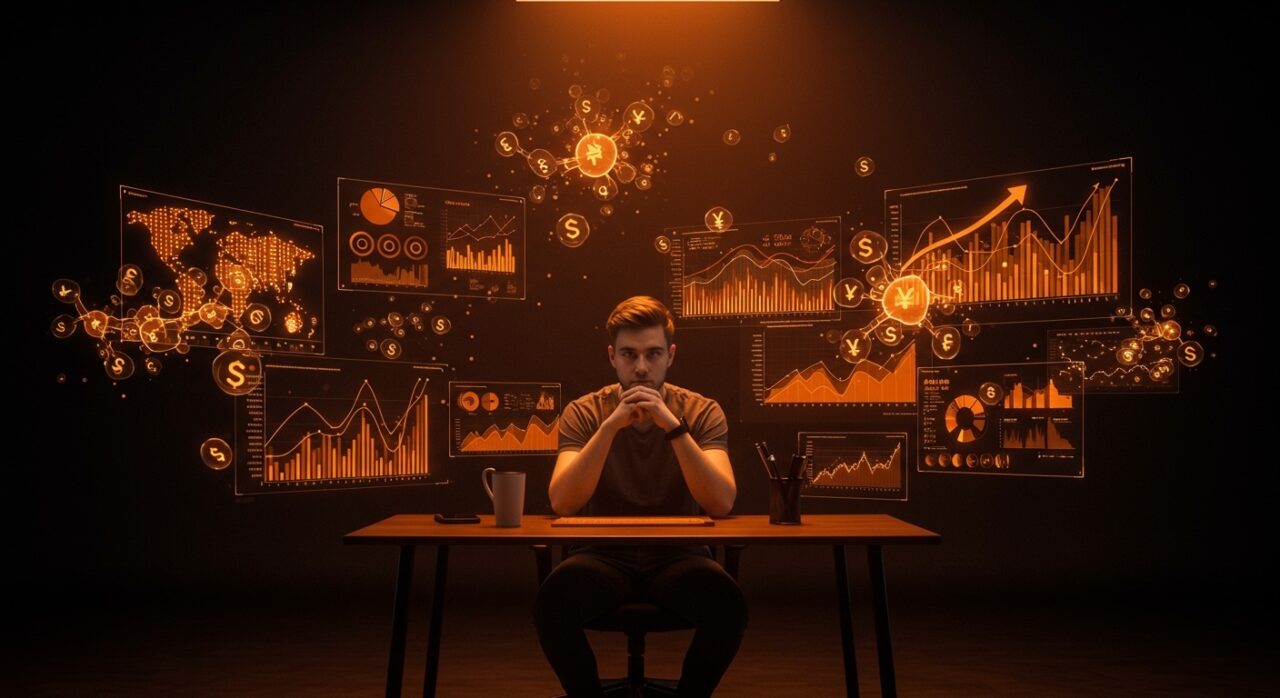 Fundador analizando gráficos de costos y ROI de inteligencia artificial en startups tecnológicas con paleta naranja y negra.