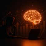 Fundador de startup mirando una representación digital de IA y desarrollo humano equilibrando innovación y riesgos cognitivos.