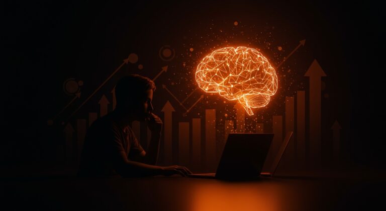 Fundador de startup mirando una representación digital de IA y desarrollo humano equilibrando innovación y riesgos cognitivos.