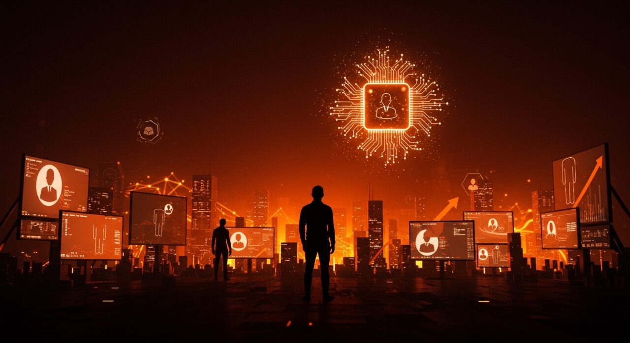 Vista editorial de un fundador tech frente a una ciudad digital con iconos de despidos tecnológicos por IA, simbolizando el impacto de la automatización en el mercado laboral tech.