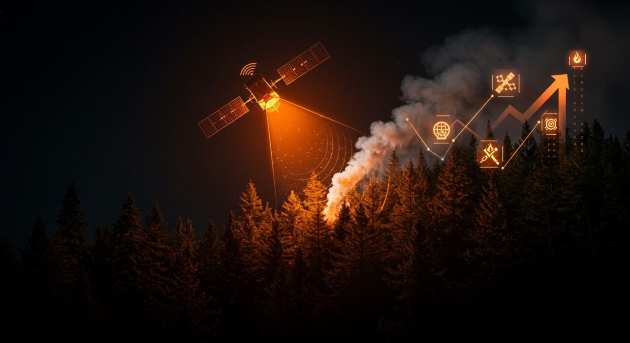 Satélite argentino con inteligencia artificial detectando incendios forestales tempranamente, destacando innovación tecnológica y fundraising en startups latinoamericanas.