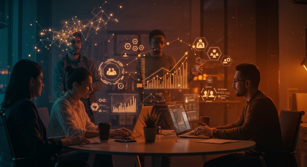 Crecimiento de empleo impulsado por inteligencia artificial con profesionales colaborando en habilidades clave para el futuro del trabajo.