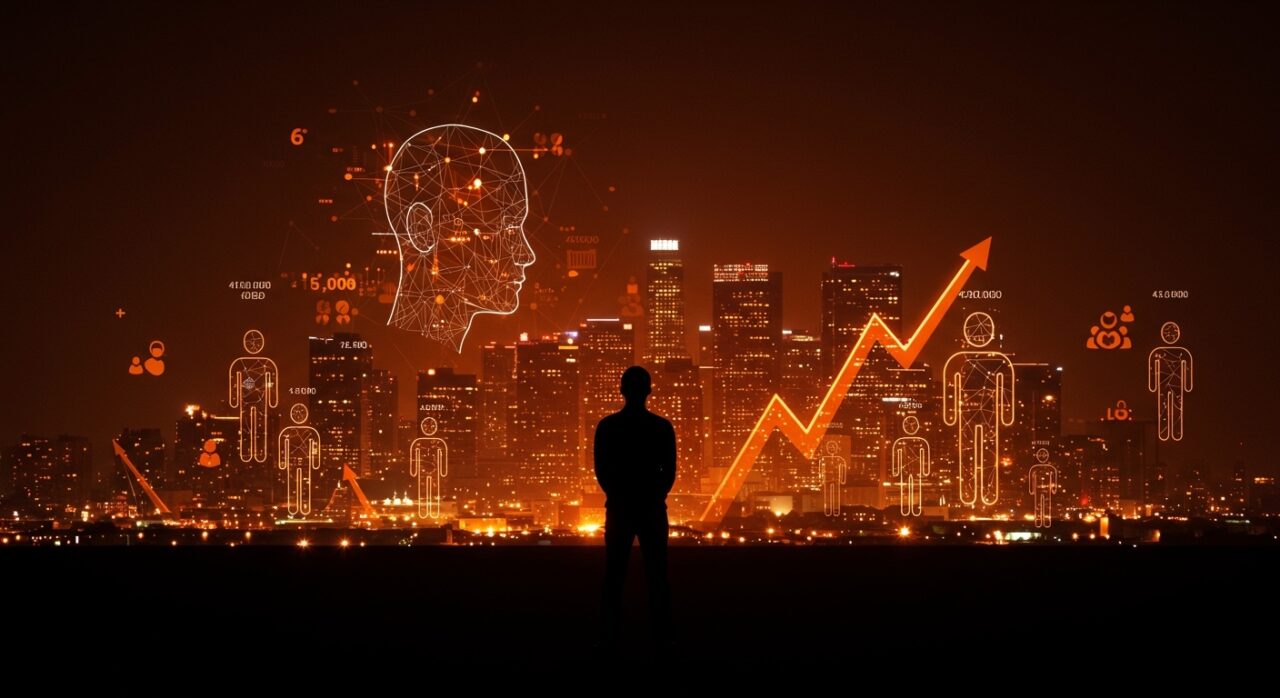 Silicon Valley empleos en riesgo por inteligencia artificial mostrando un fundador ante un paisaje digital y redes neuronales enfatizando la transformación laboral y automatización tecnológica.