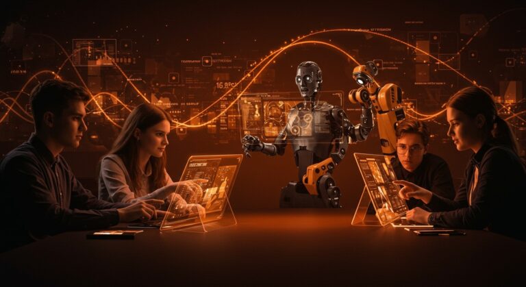 Jóvenes profesionales de la generación Z interactuando con interfaces de inteligencia artificial, ilustrando la transformación y automatización del empleo joven en sectores digitalizados.