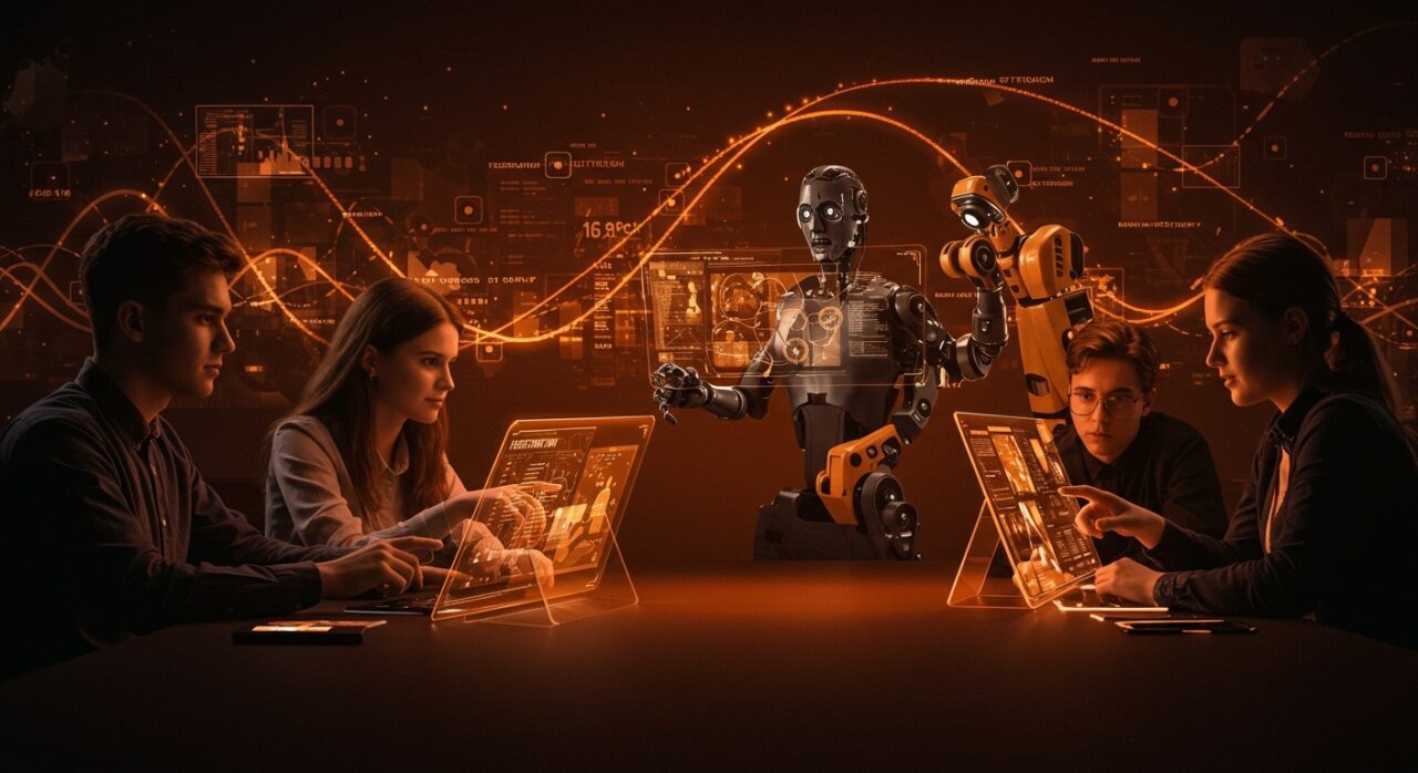 Jóvenes profesionales de la generación Z interactuando con interfaces de inteligencia artificial, ilustrando la transformación y automatización del empleo joven en sectores digitalizados.