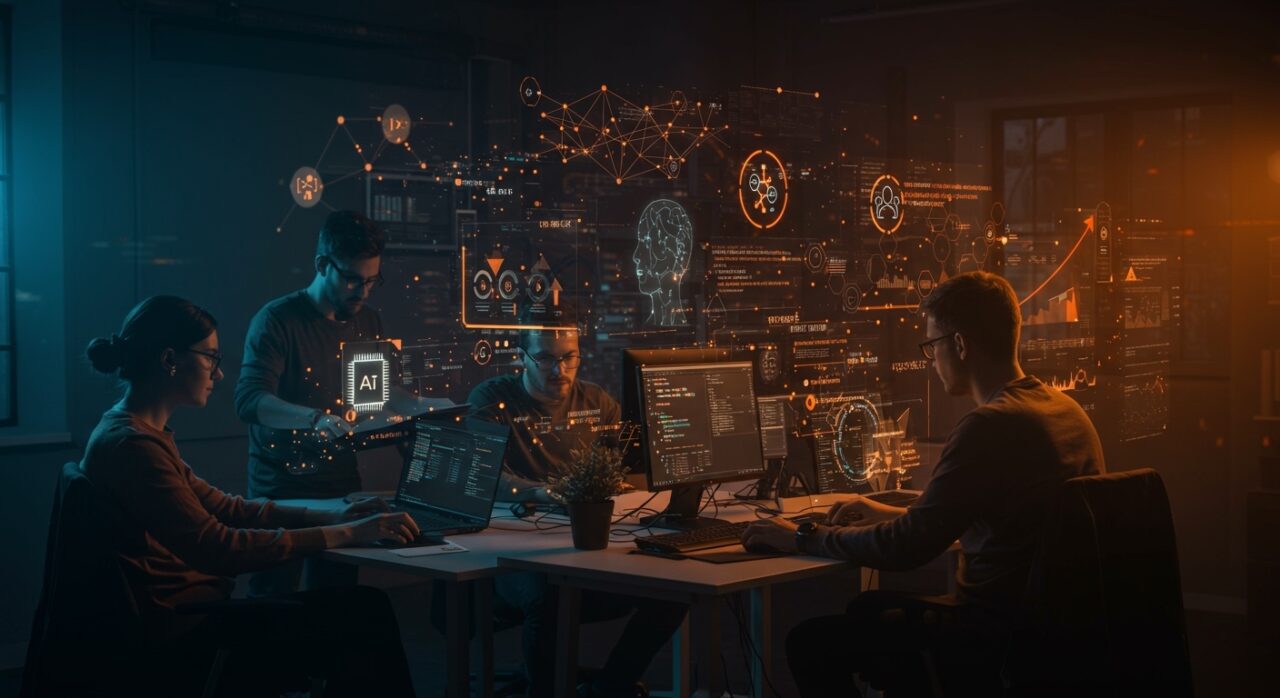 Equipo de programadores usando inteligencia artificial en 2026, destacando la demanda y automatización en el empleo tech de startups.