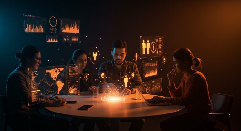 Empresas latinoamericanas adoptando inteligencia artificial generativa en startups, mostrando colaboración y transformación digital en 2026.