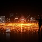 Ejecutivo empresarial frente a ciudad digital de datos gobernados que simbolizan la gobernanza de datos en IA empresarial como ventaja competitiva.