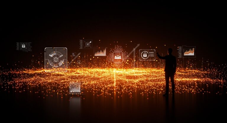 Ejecutivo empresarial frente a ciudad digital de datos gobernados que simbolizan la gobernanza de datos en IA empresarial como ventaja competitiva.