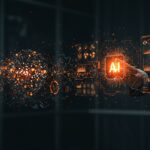 Profesional de negocio interactuando con interfaz holográfica que representa inteligencia artificial y automatización escalable en empresas startup.