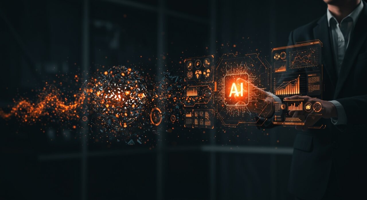 Profesional de negocio interactuando con interfaz holográfica que representa inteligencia artificial y automatización escalable en empresas startup.